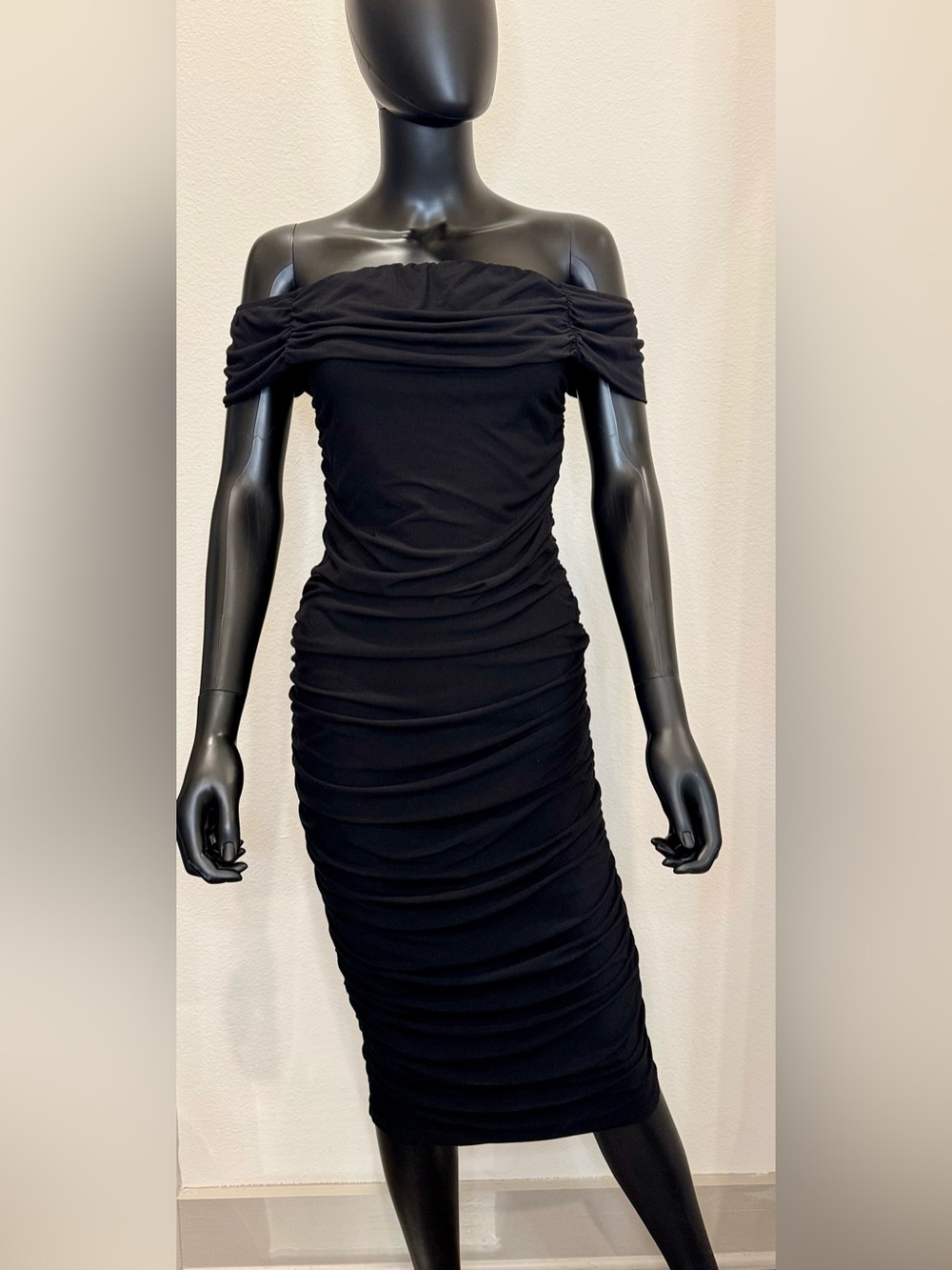 Mango Off-Shoulder Ruched Black Midi Dress size M